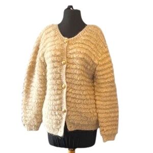 REIZ Vintage Handmade Cream/Gold Soft Women's Chunky Knit Sweater‎ Cardigan, Med